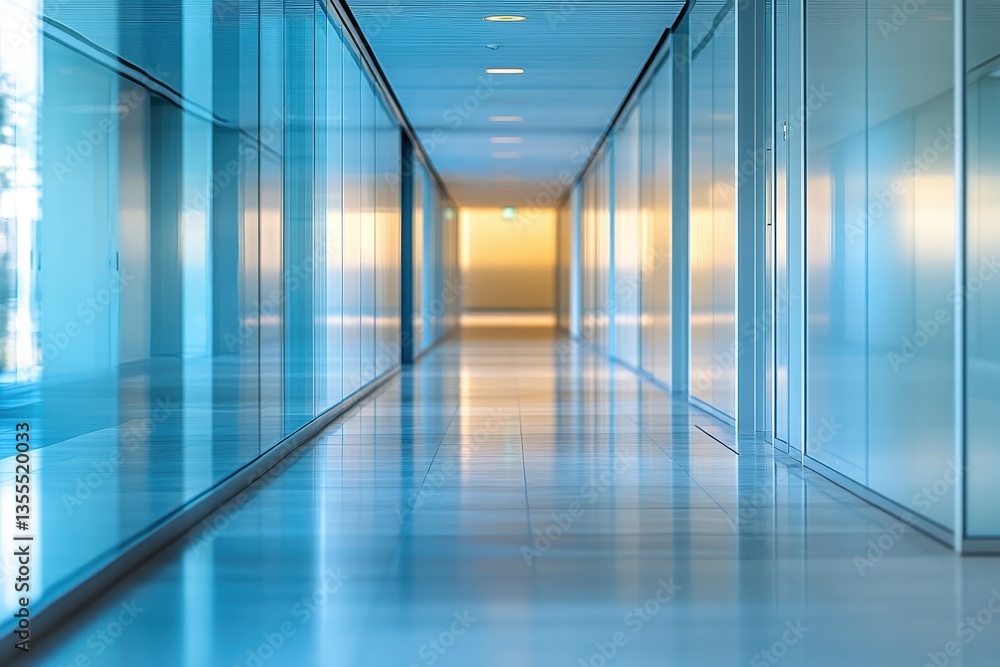 Poster long corridor with reflective surfaces and soft natural light at an office building during the late 