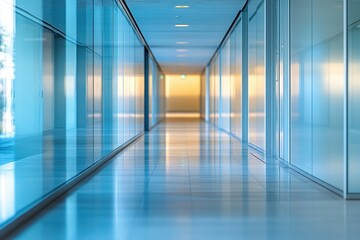 Long corridor with reflective surfaces and soft natural light at an office building during the late afternoon