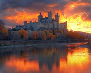 Fototapeta premium Majestic castle reflected in calm river waters at sunset, fiery sky colors painting the scene