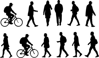 Collection of black silhouette illustrations showing people walking, standing, and cycling against a white background Ideal for graphic design, or.