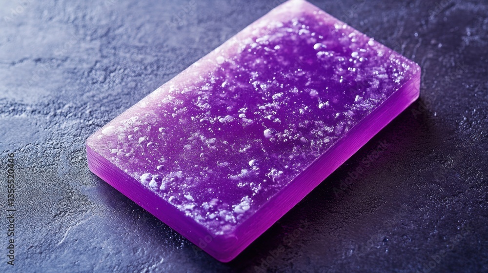Poster A translucent resin D-printed object curing under UV light on a dark violet surface.