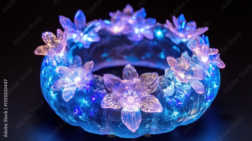 Poster a translucent resin d-printed object curing under uv light on a dark violet surface.