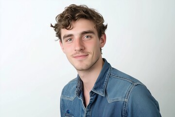 Obraz premium Portrait of smiling young man with curly hair wearing denim shirt on white background