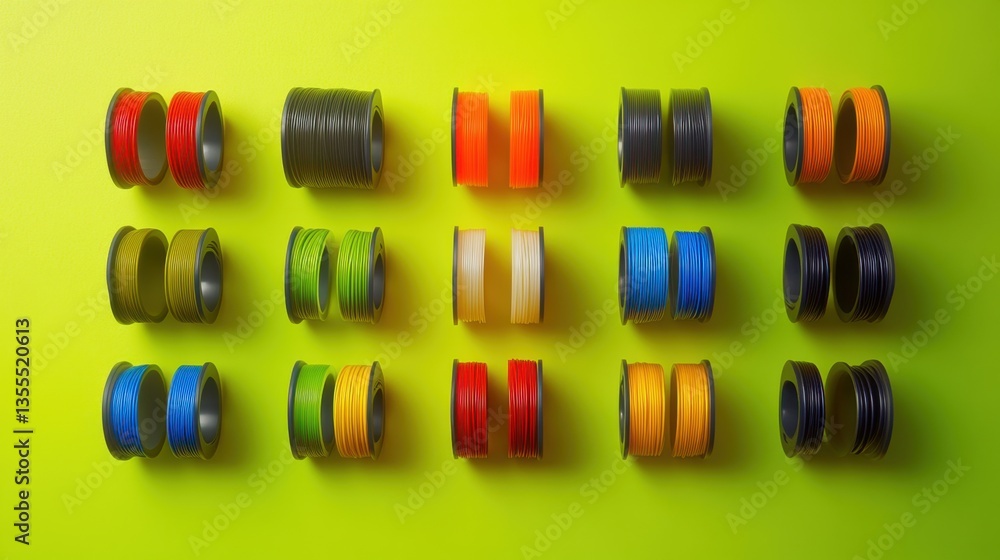 Fototapete a vibrant array of colorful d printer filaments coiled and arranged neatly on a bright lime green ba