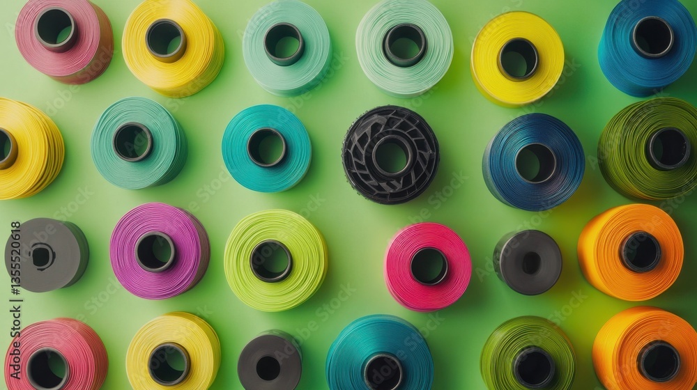 Fototapete a vibrant array of colorful d printer filaments coiled and arranged neatly on a bright lime green ba