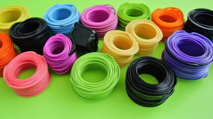 A vibrant array of colorful D printer filaments coiled and arranged neatly on a bright lime green background.