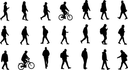 Seamless pattern of people silhouettes walking and cycling isolated on white background, ideal for urban planning or design projects.