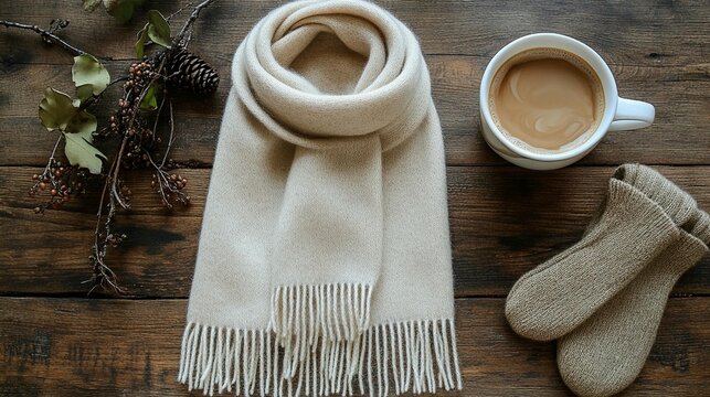 Cozy autumn scene beige scarf, gloves, coffee, and fall branches on wood.