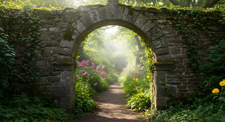 Walking Through Stone Archway into Magical Garden with Lush Flowers