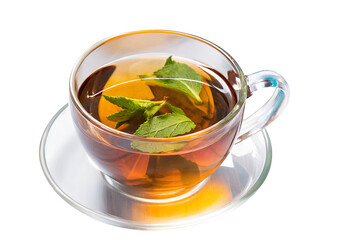 Glass Cup of Herbal Tea with Fresh Mint Leaves on White Background