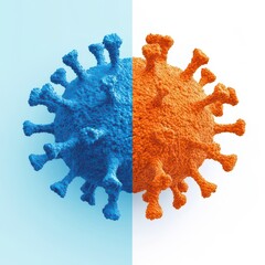 A blue and orange virus cell illustration, depicting a stylized and colorful representation of microorganisms, split down the middle.