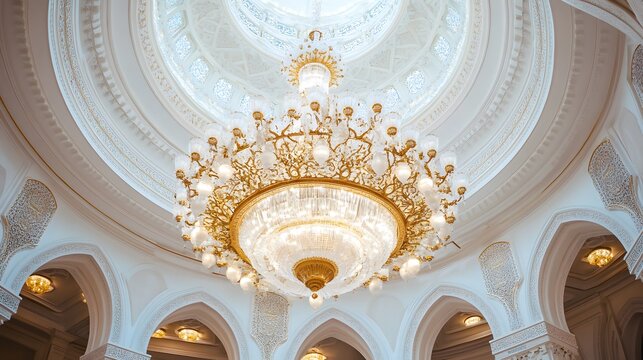 A magnificent gold and crystal chandelier hangs from an ornate white dome ceiling with intricate detailing and arched alcoves. The lighting is soft and luxurious.