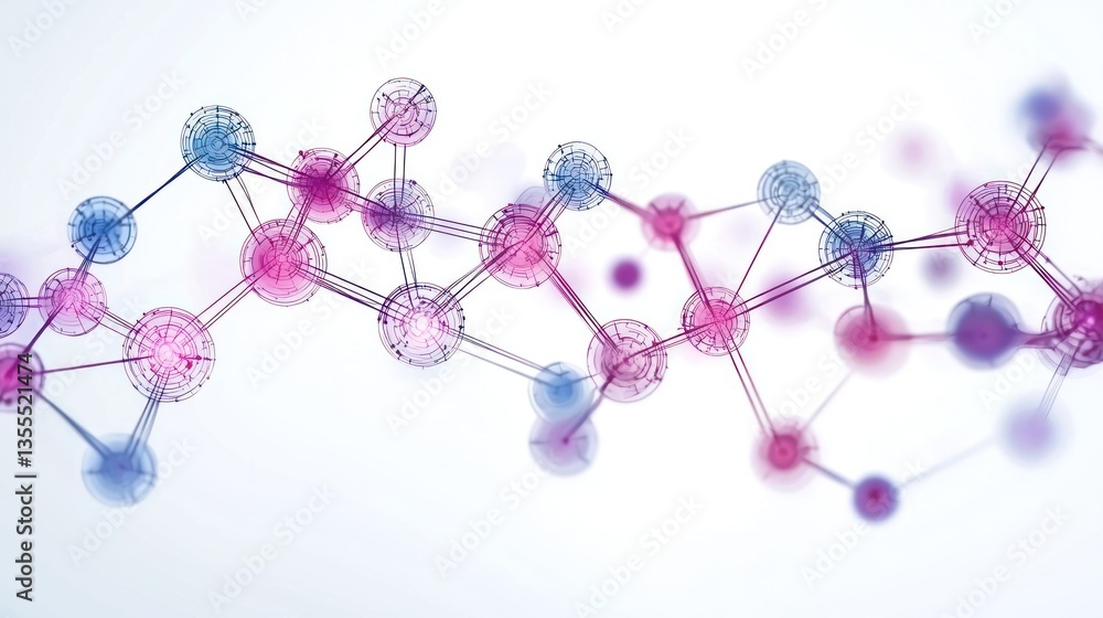 Poster abstract molecular structure: network of interconnected nodes in pink and blue hues, representing co