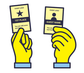 Hands Holding Event Cards, Winner and Guest Passes, Flat Vector Illustration