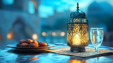 A lit lantern, dates on a plate, and a glass of water are arranged on a table.