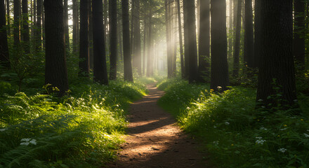 Obraz premium Walking on Forest Path Through Trees with Sunlight Breaking Through
