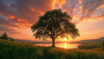 Majestic Sunset Landscape: Solitary Tree by Serene Lake