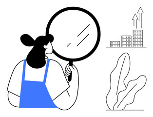 Woman holding magnifying glass, analyzing upward graph and buildings near plants. Ideal for research, growth, analysis, business strategy, development, vision exploration. Modern flat simple