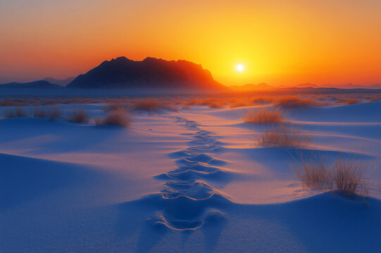 sunrise in a dry desert with footprints in the sand