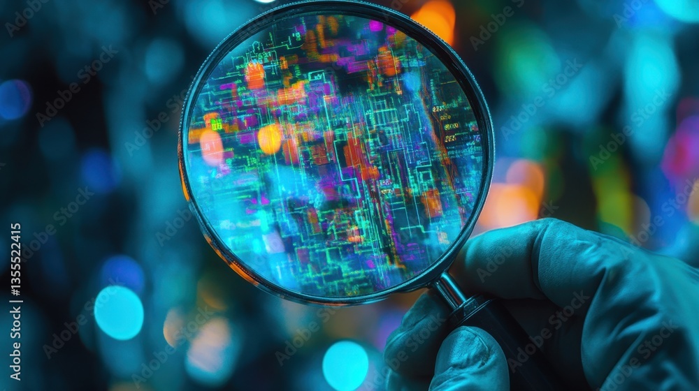 Poster magnifying glass exploring abstract digital code on circuit board.