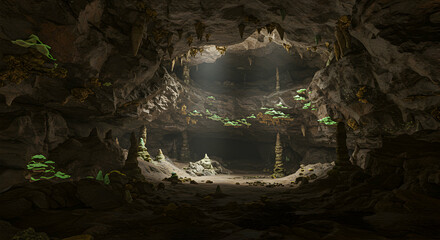 Exploring Dark Cave with Stalagmites and Light Rays From Entrance