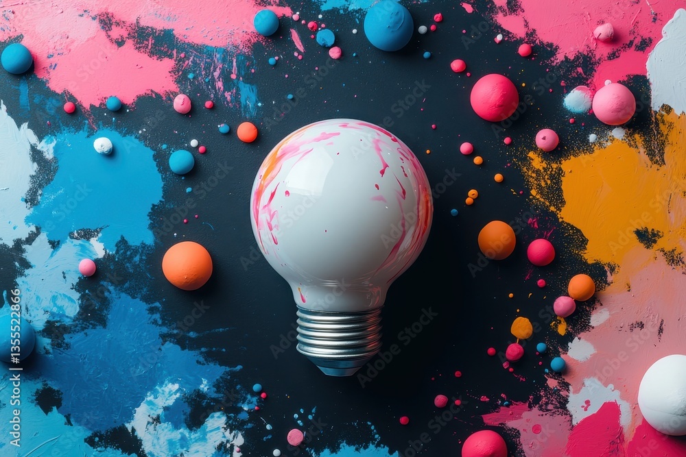 Poster colorful light bulb surrounded by vibrant paint splatters and playful spheres in a creative art sett
