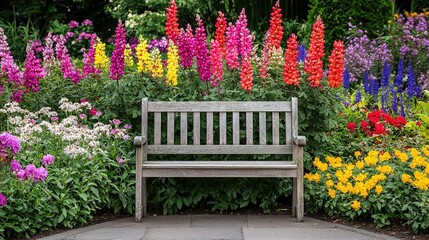 Serene garden landscape vibrant flowers wooden bench nature retreat peaceful viewpoint tranquility concept