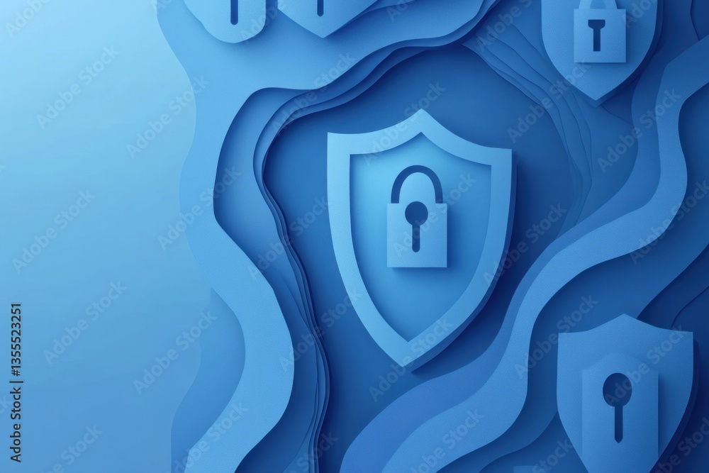 Aufkleber Exploring cybersecurity concepts through layered paper art design featuring locks and shields in modern blue gradients