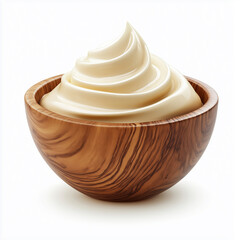 wooden bowl with creamy yogurt, Isolated on white Background.