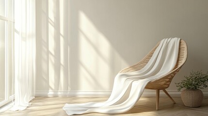 Cozy rattan chair with white throw blanket in sunlit room.