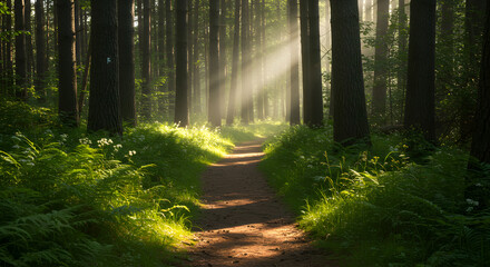 Obraz premium Hiking Trail Shines with Sunbeams Through Forest Trees and Greenery
