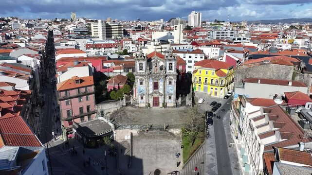 Ildefonso Church At Porto In District Of Porto Portugal. Downtown District. Medieval Church Landscape. Tile Facade Building. Ildefonso Church At District Of Porto In Portugal. Church Scene.