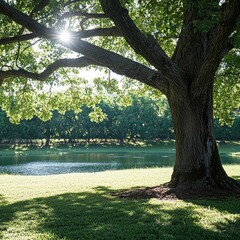 Majestic oak tree by a tranquil pond, sunlight filtering through leaves, casting shadows on grassy banks