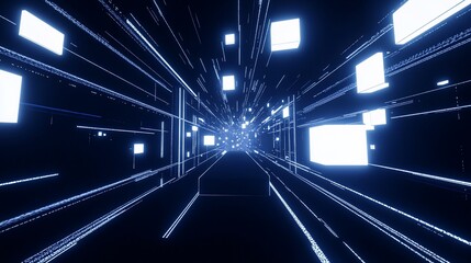 Obraz premium Abstract digital tunnel with blue glowing cubes and lines on dark background