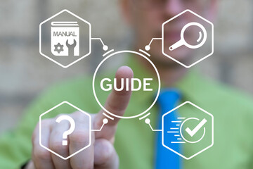 Person using virtual touch screen push text: GUIDE. User Guide Information Manual Business...