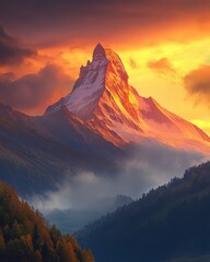 Fototapeta premium Mountain peak glows at sunset over misty valley. Golden hour light with dramatic sky