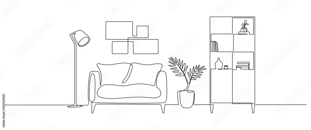 Poster cabinet with lamp and shelf with home plant in continuous one line drawing. indoor furniture with fr