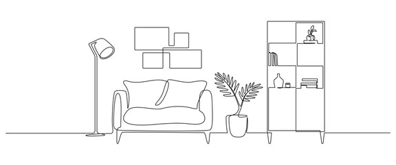 Cabinet with lamp and shelf with home plant in continuous one line drawing. Indoor furniture with frame for modern design in simple linear style. Editable stroke. Doodle oneline vector illustration © Olga Rai