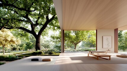 Modern Zen Interior with Large Windows Overlooking Lush Green Garden and Mature Trees