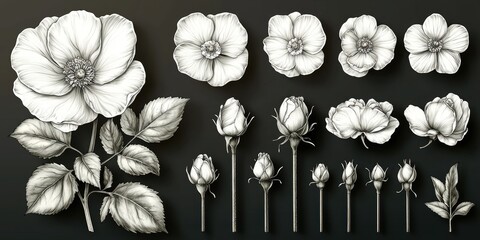 Collection of monochrome botanical illustrations featuring various stages of rose blossoms, from buds to fully opened flowers, displayed against a dark background
