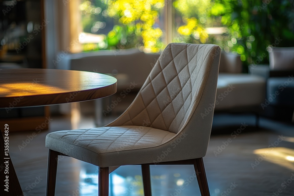 Poster modern stylish chair in a bright, spacious room surrounded by greenery, creating a tranquil atmosphe