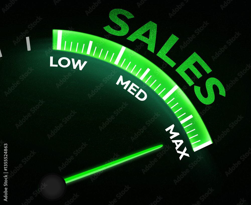 Poster generating maximum sales concept with green speedometer showing full, backdrop.