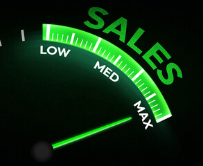 Generating maximum sales concept with green speedometer showing full, backdrop.