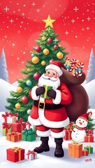 Santa Claus Holding Gifts in Front of a Christmas Tree - Festive Holiday Art, Santa Claus with Gifts, Christmas Celebration Scene, Festive Holiday Illustration, Magical Christmas Scene Santa 8K HD