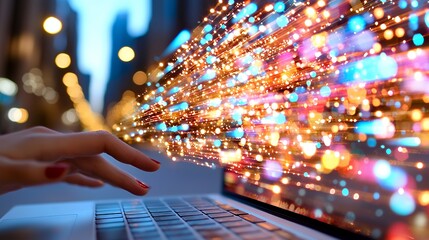 Woman's Hand on Laptop with Data Streams and Bokeh Lights in a City Setting