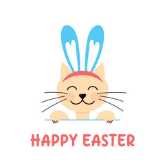 Easter cat, Happy Easter greeting card, cute ginger cat with bunny ears headband on, vector illustration