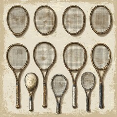 Collection of vintage tennis rackets and ball