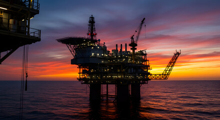 Offshore Platform at Sunset with Dramatic Sky Reflected in Sea