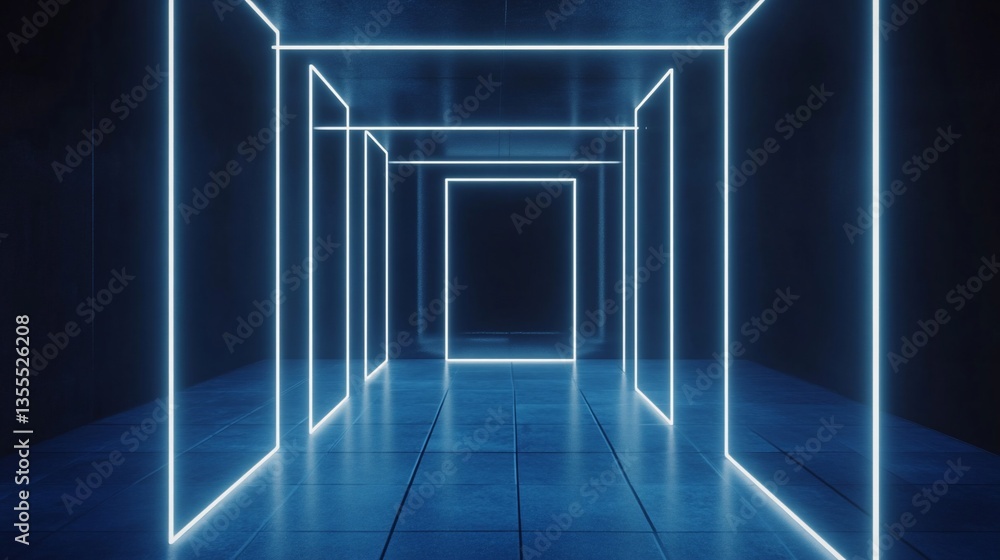Poster futuristic blue neon corridor with a repetitive rectangular frame structure
