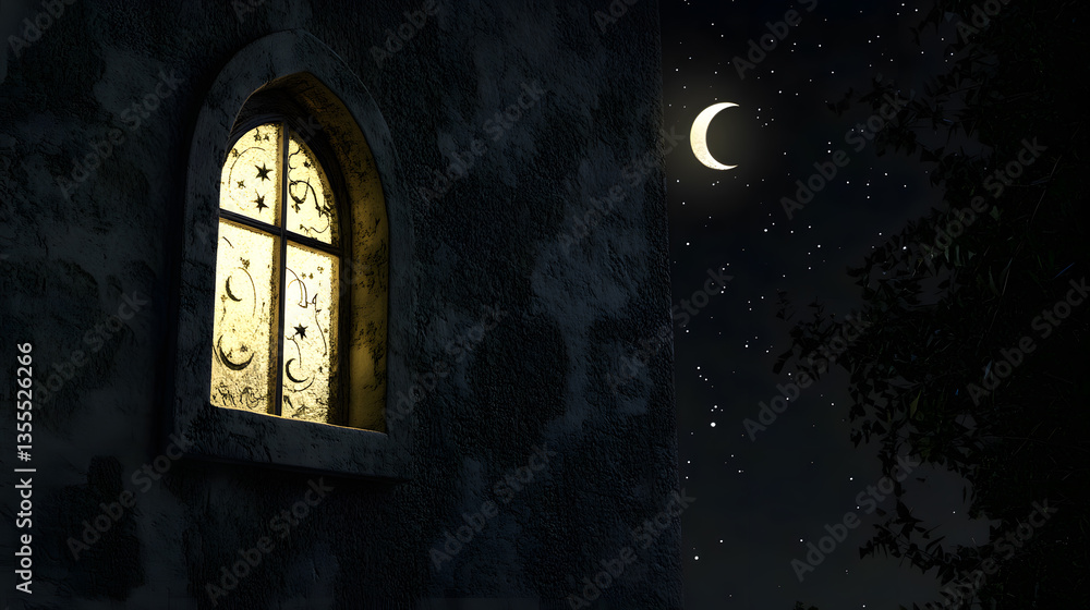Poster a glowing window with moon and star patterns illuminates a dark stone building at night. a crescent 